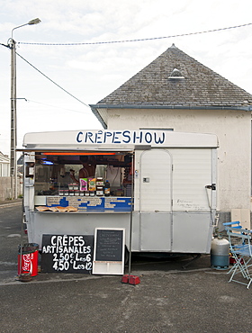 Creperie in market square, Brignogan, Brittany France