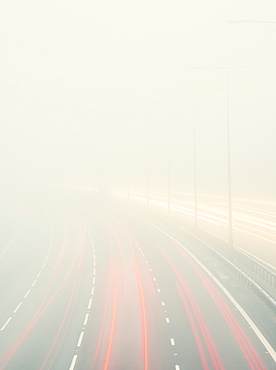 Motorway traffic in thick fog, United Kingdom, Europe