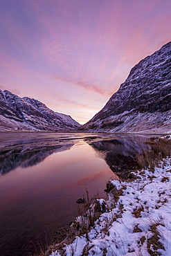 Loch Achtriochtan in winter with snow-capped mountains and reflections, Glencoe, Highlands, Scotland, United Kingdom, Europe