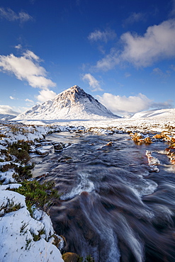 A wintery scene at Buachaille Etive Mor and River Coupall, Glencoe, Highlands, Scotland, United Kingdom, Europe