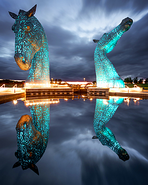 The Kelpies at blue hour, Forth and Clyde Canal at Helix Park, Falkirk, Stirlingshire, Scotland, United Kingdom, Europe