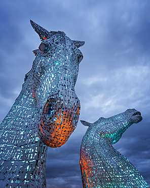 The Kelpies at blue hour, Forth and Clyde Canal at Helix Park, Falkirk, Stirlingshire, Scotland, United Kingdom, Europe