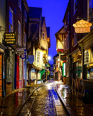 The Shambles at blue hour, York, Yorkshire, England, United Kingdom, Europe