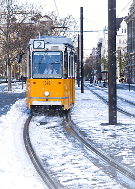 Budapest tram in the snow, Budapest, Hungary, Europe