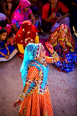 Traditional Radha dance during the Flower Holi Festival, Vrindavan, Uttar Pradesh, India, Asia