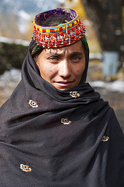 A Kalasha woman wearing traditional clothes, North West Frontier Province, Pakistan, Asia