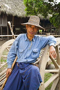 A farmer takes a break and rests on his bull cart in Myanmar (Burma), Asia