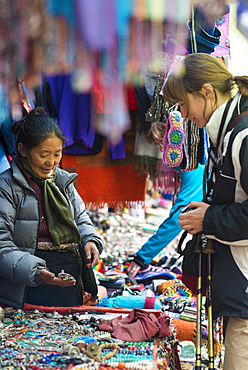 Shopping for souvenirs in Namche Bazaar, the main town during the Everest base camp trek, Nepal, Asia