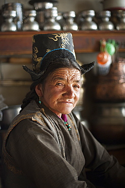 A Ladakhi woman wearing traditional dress, Ladakh, India, Asia