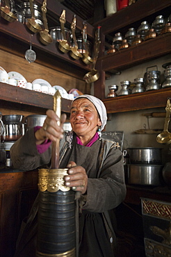 Ladakhis are said to often drink up to 40 cups of butter tea a day, Ladakh, India, Asia