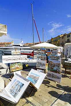 Art for sale by the harbour, Saint Tropez, Var, Cote d'Azur, Provence, France, Europe