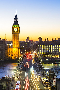 High angle view of Big Ben, the Palace of Westminster and Westminster Bridge at dusk, London, England, United Kingdom, Europe