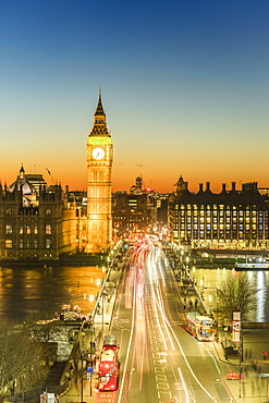 High angle view of Big Ben, the Palace of Westminster and Westminster Bridge at dusk, London, England, United Kingdom, Europe