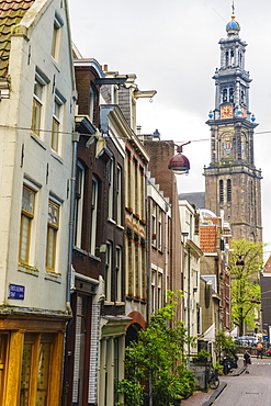 Jordaan district with the spire of Westerkerk beyond, Amsterdam, Netherlands, Europe