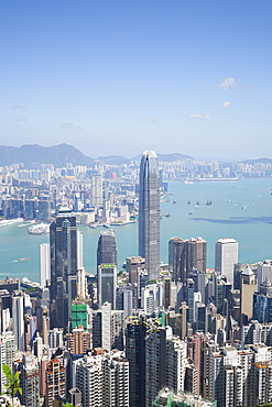 City skyline, viewed from Victoria Peak with Two International Finance Centre (2IFC), Hong Kong, China, Asia