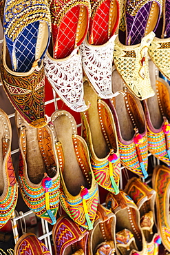 Traditional Arabic slippers for sale in a souk, Deira, Dubai, United Arab Emirates, Middle East