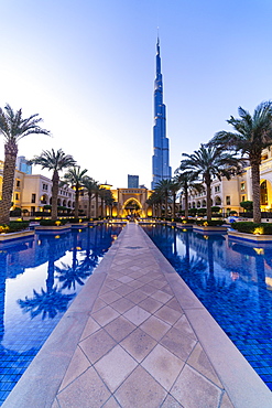 Burj Khalifa and Palace Hotel at dusk, Downtown, Dubai, United Arab Emirates, Middle East