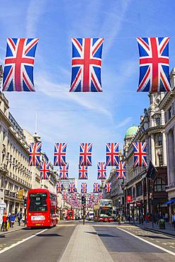 Union flags flying in Regent Street, London, W1, England, United Kingdom, Europe