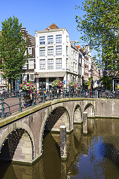 Bicycles on a bridge over the Herengracht canal, Amsterdam, North Holland, The Netherlands, Europe