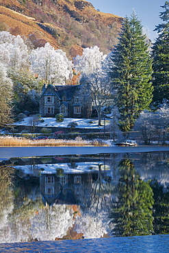 Partially frozen Loch Ard and a hoar frost around Aberfoyle, The Trossachs, Scotland, United Kingdom, Europe