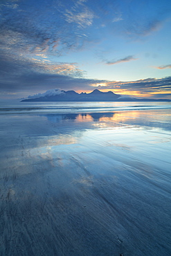 Sunset over the Isle of Rhum, from Bay of Laig, Scotland, United Kingdom, Europe