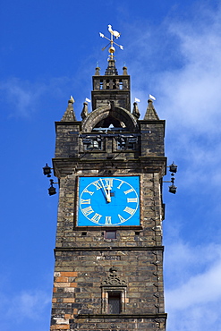 Close up of The Tolbooth Steeple, (Clock Tower), Glasgow Cross, Trongate, Merchant City, Glasgow, Scotland, United Kingdom, Europe