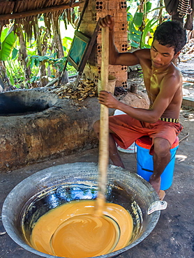 Man making palm sugar over a fire, village near Siem Reap, Cambodia, Indochina, Southeast Asia, Asia