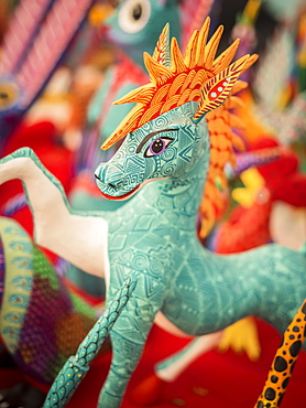 Colorful carved wooden figure (alebrije) of a horse, Oaxaca valley, Oaxaca, Mexico, North America