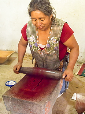 Zapotec woman grinding insects to make valuable cochineal dye, Teotitlan del Valle, Oaxaca, Mexico, North America