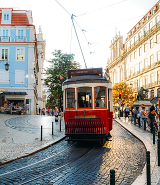 Traditional tram at Chiado neighbourhood in Lisbon, Portugal, Europe