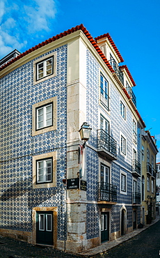 Traditional azulejo tiles on a building facade, Alfama, Lisbon, Portugal, Europe