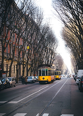 A traditional tram in winter, Milan, Lombardy, Italy, Europe