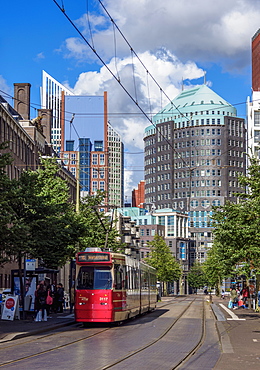 Kalvermarkt Street with Muzentoren Building in the background, The Hague, South Holland, The Netherlands, Europe