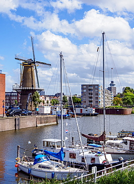 Middenkous Port and Windmill in Delfshaven, Rotterdam, South Holland, The Netherlands, Europe