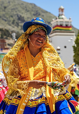 Dancer in traditional costume, Fiesta de la Virgen de la Candelaria, Copacabana, La Paz Department, Bolivia, South America