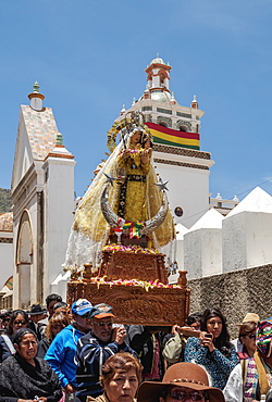 Our Lady of Copacabana figure in the procession, Fiesta de la Virgen de la Candelaria, Copacabana, La Paz Department, Bolivia, South America