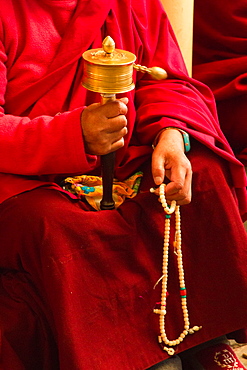 Tibetan Buddhist monk with prayer wheel and beads at Losar (Tibetan New Year) in the Dalai Lama Temple, McLeod Ganj, Dharamsala, Himachal Pradesh, India, Asia