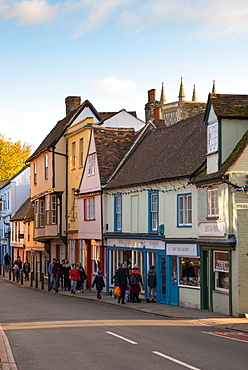 Multicoloured rickety old shops, pubs and cafes on Bridge Street, Cambridge, Cambridgeshire, England, United Kingdom, Europe