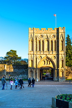 Abbeygate (Great Gate), a medieval tower giving access to the Abbey Gardens and the site of the medieval abbey ruins, Bury St. Edmunds, Suffolk, England, United Kingdom, Europe