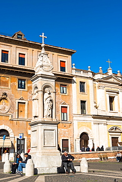 Piazza San Bartolomeo all'Isola (St. Bartholomew) on Tiberina Island with shrine commissioned in 1869 by Pope Pius IX, Rome, Lazio, Italy, Europe