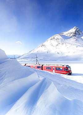 Bernina Express transit along Lago Bianco during winter blizzard, Bernina Pass, Engadine, Graubunden canton, Switzerland, Europe