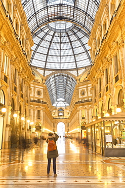 Morning scene of Galleria Vittorio Emanuele II, Milan, Lombardy, Northern Italy, Italy, Europe