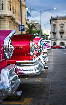 Colourful old American taxi cars parked in Havana at dusk, UNESCO World Heritage Site, La Habana, Cuba, West Indies, Caribbean, Central America