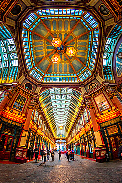 Fisheye view of interior of Leadenhall Market, The City, London, England, United Kingdom, Europe