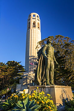 Coit Tower and Christopher Columbus statue, San Francisco, California, United States of America, North America