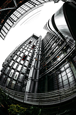 Fisheye view of Lloyds and The Leadenhall Buildings, financial district, City of London, England, United Kingdom, Europe