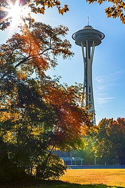 Space Needle from Seattle's International Fountain park in autumn, Seattle, Washington State, United States of America, North America