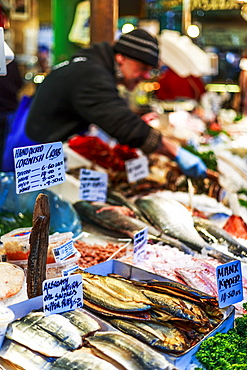 Fish stand in Borough Market, Southwark, London, England, United Kingdom, Europe