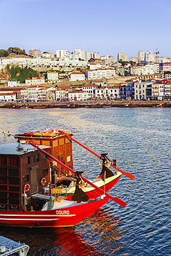 Evening view of tourist boats on the Douro River looking towards Vila Nova de Gaia and Porto wine shops, Porto, Portugal, Europe