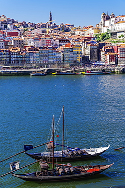 Ships used to carry port wine, moored in Vila Nova de Gaia on the Douro River, with Ribeira in the background, Porto, Portugal, Europe